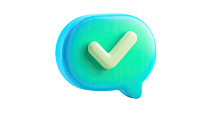 A 3D rendered speech bubble in varying shades of blue with a white checkmark inside