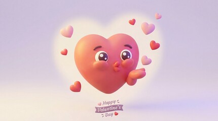 A cute 3d heart character blowing a kiss surrounded by smaller hearts for valentine's day