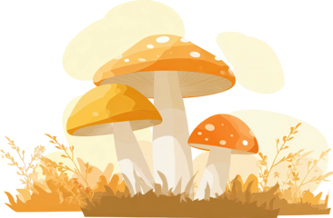 A cluster of stylized cartoon mushrooms in various sizes with a backdrop of grassy elements