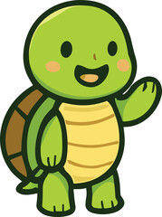 Obraz premium Cute turtle illustration with a bright, colorful shell, smiling cheerfully while walking on green grass. This adorable design is perfect for children's projects, decorations, or educational materials.