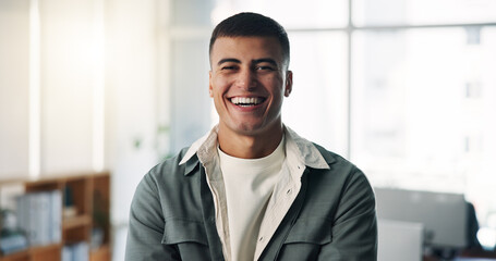 Fototapeta premium Portrait, journalist or man with smile in agency, confident or writing career for startup publication. Professional, laugh or employee in office for project development, news story or feature article