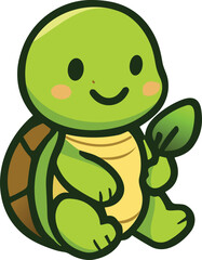 Obraz premium Cute turtle illustration with a bright, colorful shell, smiling cheerfully while holding leaf This adorable design is perfect for children's projects, decorations, or educational materials.