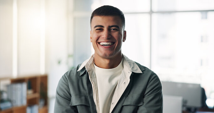 Portrait, journalist or man with smile in agency, confident or writing career for startup publication. Professional, laugh or employee in office for project development, news story or feature article