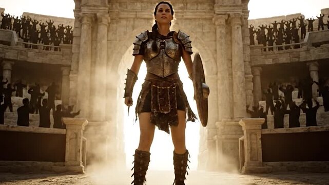 Female Gladiator Warrior Standing in Ancient Roman Colosseum Arena with Bright Light.
