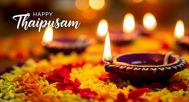 Happy Thaipusam Close Up Oil Lamp with Colorful Flower Petals and Bokeh Lights