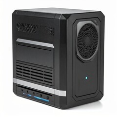 Fototapeta premium Futuristic Black Server Box or Edge Computing Device with Cooling Fan and Blue LED Lights on White Background 
