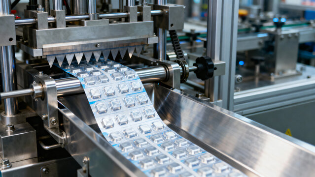 Modern Pharmaceutical Packaging Machine in Action with Blister Packs on Conveyor