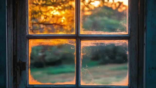 Sunlit window framing natural landscape view in a rustic interior space
