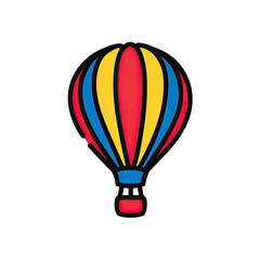Fototapeta premium Colorful, cartoon-style hot air balloon with vibrant red, blue, and yellow stripes on a black background