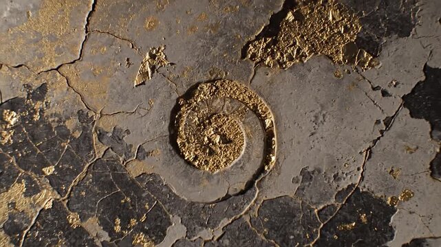 Textured surface with gold leaf accents and a central spiral design