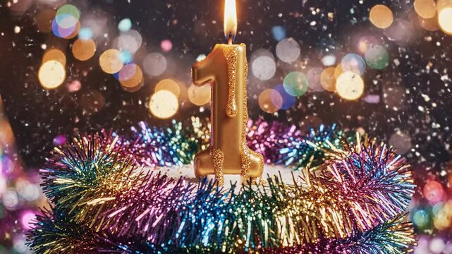 Cinematic slow motion shot of a glittering birthday cake crafted from vibrant rainbow tinsel with a glowing candle number for a festive celebration and party atmosphere.