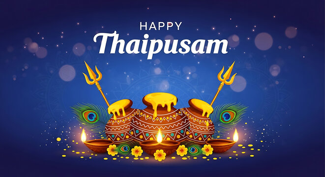 Happy Thaipusam Festival Illustration with Clay Pots, Oil Lamps and Vel Spears on Blue Background