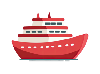 A stylized cartoon illustration of a red cruise ship, isolated on a black background