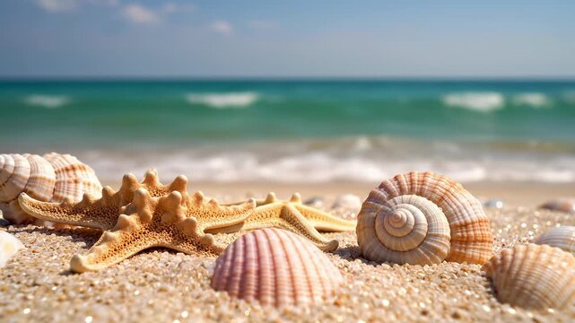Starfish seashells sandy beach. Turquoise ocean waves crashing background. Summer vacation tropical travel concept. Close-up shot marine life