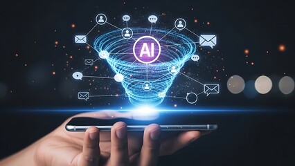 Hand holding smartphone with ai network visualization isolated on white background.