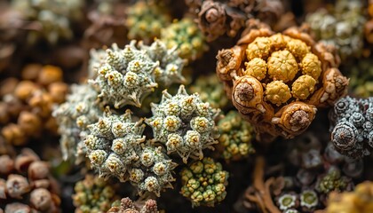 A close-up view of various cacti and succulents in different colors and textures