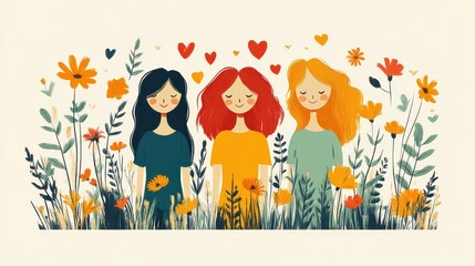 Fototapeta premium Three smiling women with diverse hair colors stand amidst a vibrant wildflower meadow.