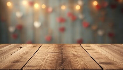 A wooden table with a blurred background of red hearts and string lights