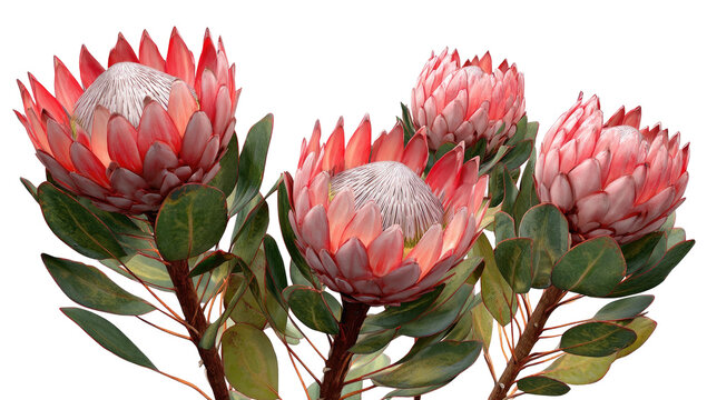 Close-up view of four vibrant protea flowers with red and pink petals and green leaves