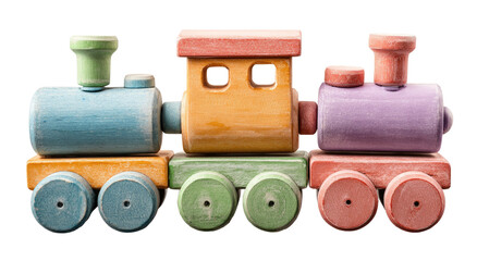 A vibrant, colorful wooden toy train with multiple carriages, isolated against black