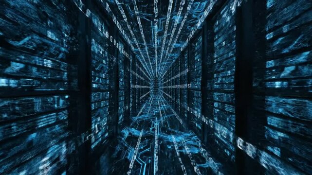 Futuristic data center with servers and cables, illuminated in blue light, showcasing advanced technology and data storage infrastructure