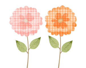Two cartoon flowers with checkered petals and green leaves on black background