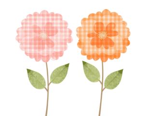 Two cartoon flowers with checkered petals and green leaves on black background