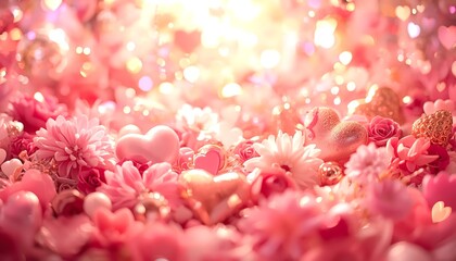 A vibrant and romantic arrangement of pink flowers and hearts in soft, warm light.