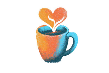 A heart-shaped vapor rises from a blue mug with an orange gradient