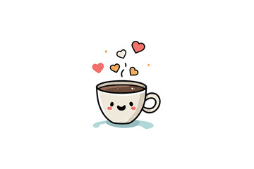 Adorable cartoon coffee cup with a smiling face, steam, and hearts on a black background