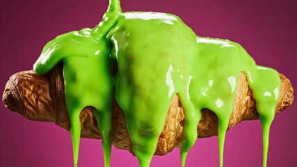 Artistic macro shot of a flaky buttery croissant pastry drenched in viscous vibrant neon green syrup dripping slowly against dark background captured in cinematic slow motion detail