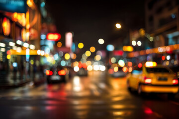 Yellow Taxi on a Wet City Street at Night with Blurred Lights
