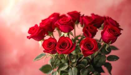 A bouquet of vibrant red roses against a soft pink background