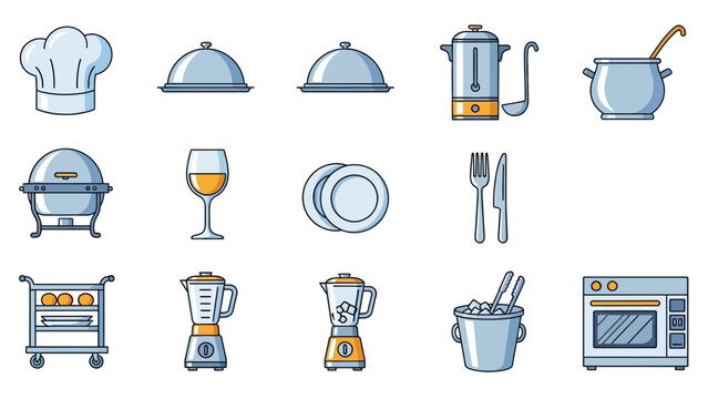 Vector set of various kitchenware and restaurant equipment illustrations.