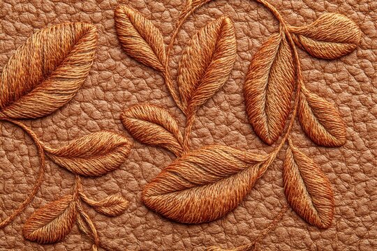 Embossed Copper Leaves on Brown Textured Background