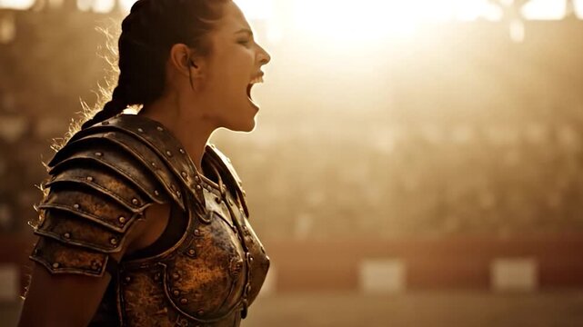 Fierce Female Gladiator Roaring in Ancient Arena During Golden Hour.