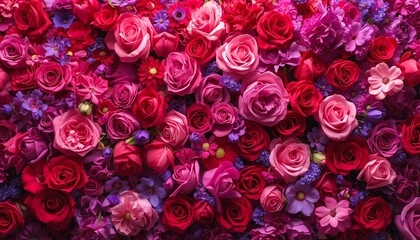 A vibrant and colorful arrangement of roses and other flowers in shades of pink, red, and purple.