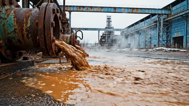 Industrial pollution pouring from rusty pipes. Toxic brown sludge discharge at a factory. Environmental contamination concept