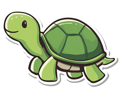 A cartoon-style turtle illustration featuring a green body and shell, smiling happily