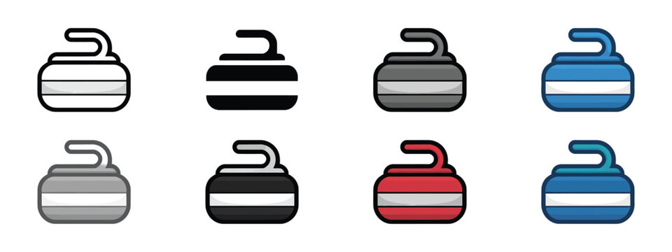 Curling stone icons vector different handle colors winter sports equipment game elements professional digital illustrations.