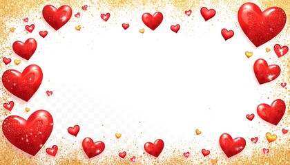 A festive arrangement of red hearts and gold glitter on a white background