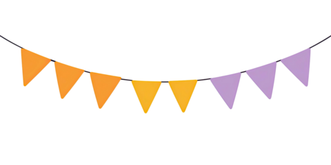 A black background with a string of triangle-shaped flags in shades of orange and purple