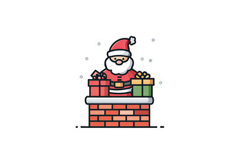 A cartoon depiction of Santa Claus on a chimney with presents and snowflakes