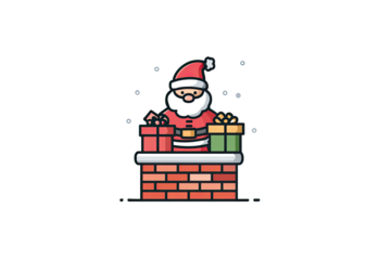 A cartoon depiction of Santa Claus on a chimney with presents and snowflakes