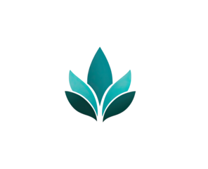 Teal stylized plant logo on black background. Simple, geometric, symmetrical, nature-inspired design