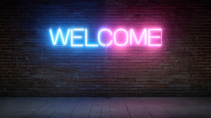Obraz premium Welcome Neon Sign on Dark Brick Wall with Pavement