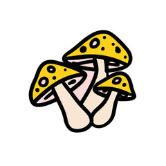 Digitally created illustration of three stylized mushrooms with yellow caps and black backgrounds