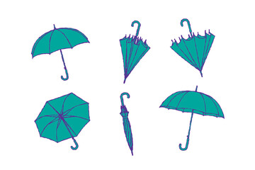 Umbrellas doodle hand drawn set. Different Umbrellas in various positions open, closed and folded. Rain protecting accessories with handles of different design, type. vector illustration