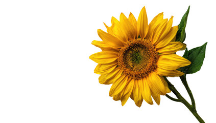 A vibrant sunflower in full bloom, petals radiating sunshine, with leaves and stem on black background