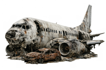 Destroyed airplane wreckage with burnt car, illustrating disaster, post-apocalyptic destruction, and abandonment on transparent background